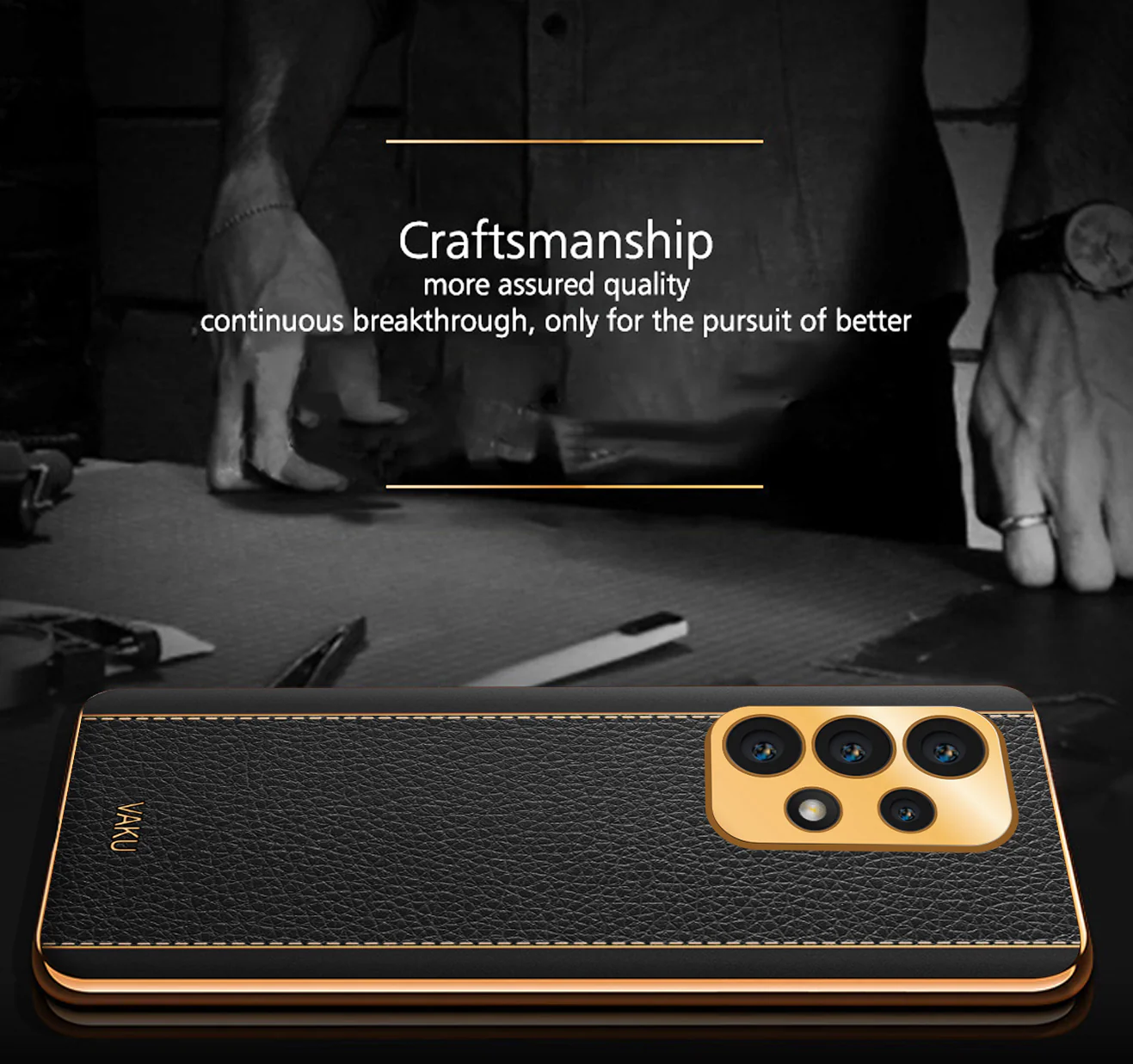VakuĀ® Samsung Galaxy A23 Luxemberg Series Leather Stitched Gold Electroplated Soft TPU Back Cover - Image 3
