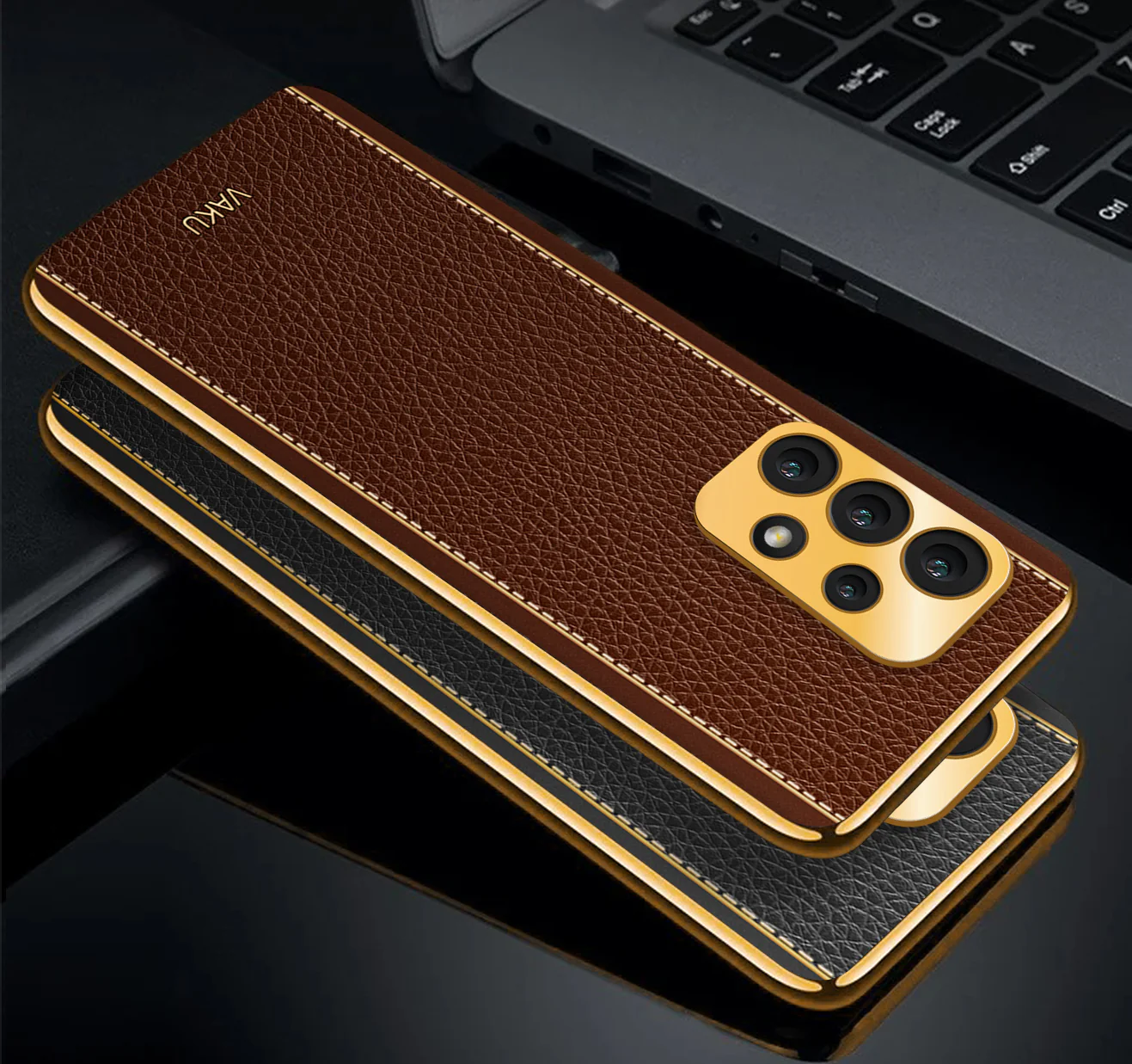 VakuĀ® Samsung Galaxy A23 Luxemberg Series Leather Stitched Gold Electroplated Soft TPU Back Cover - Image 4