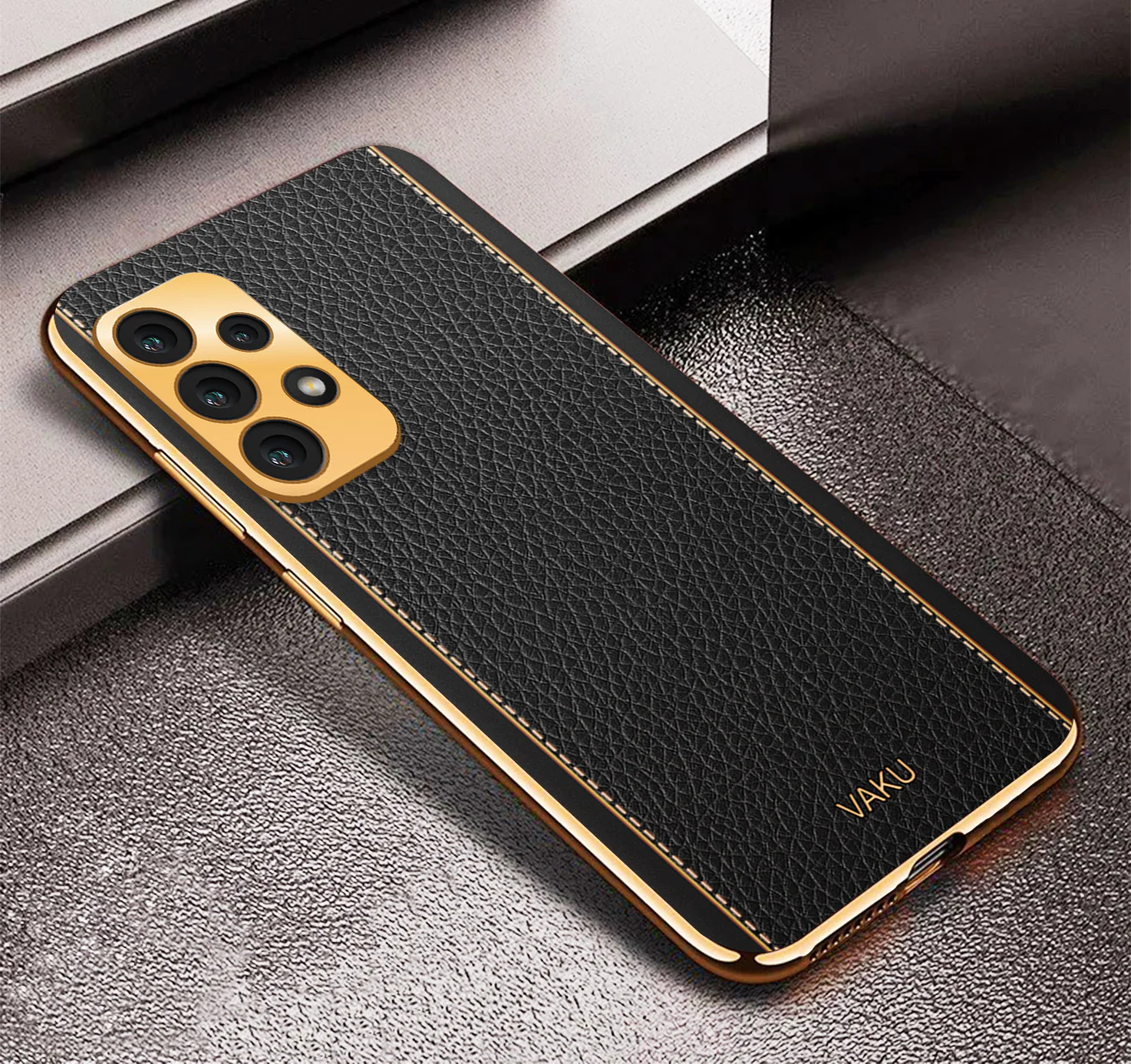VakuĀ® Samsung Galaxy A23 Luxemberg Series Leather Stitched Gold Electroplated Soft TPU Back Cover - Image 8