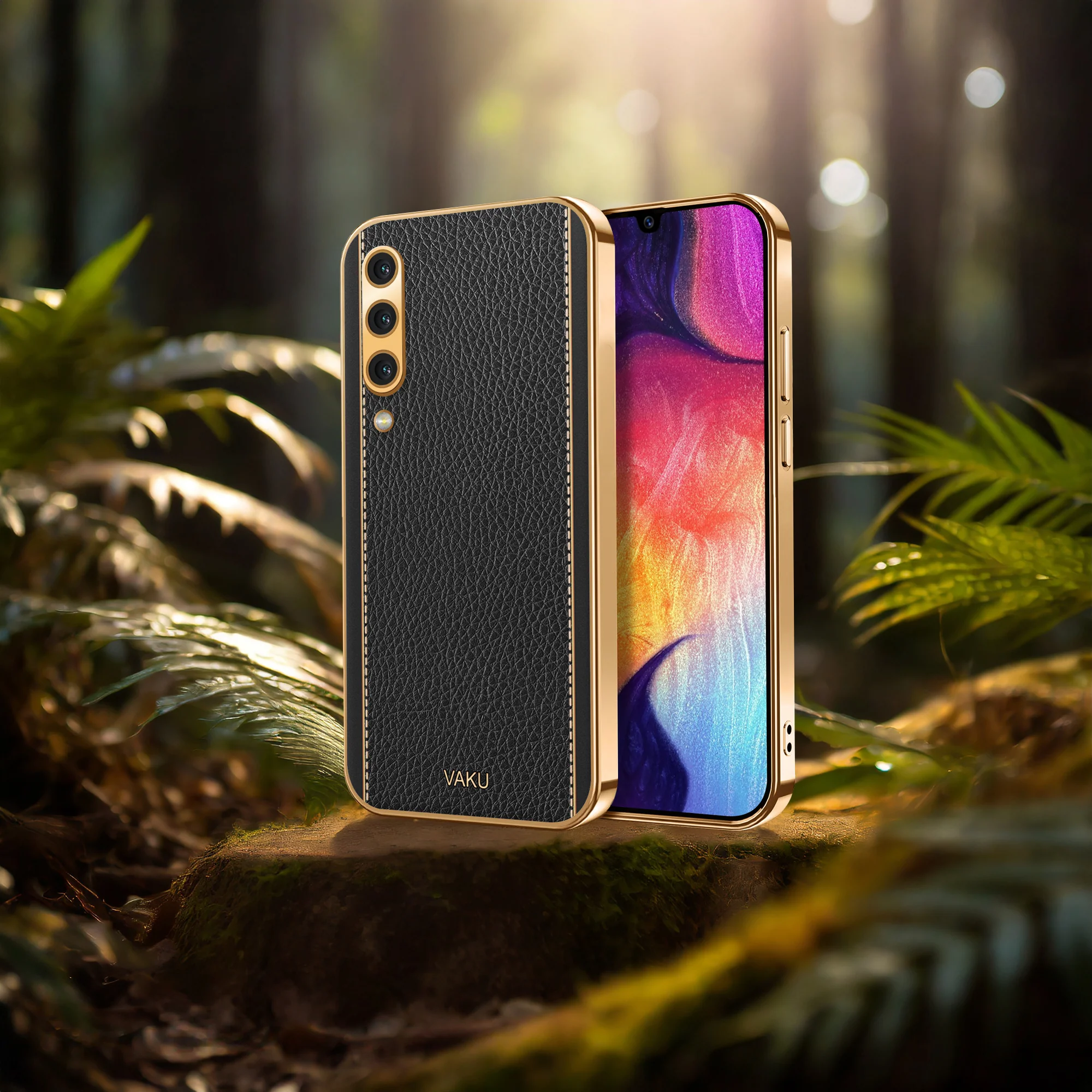 Vaku® Samsung Galaxy A50 Luxemberg Series Leather Stitched Gold Electroplated Soft TPU Back Cover - Image 10