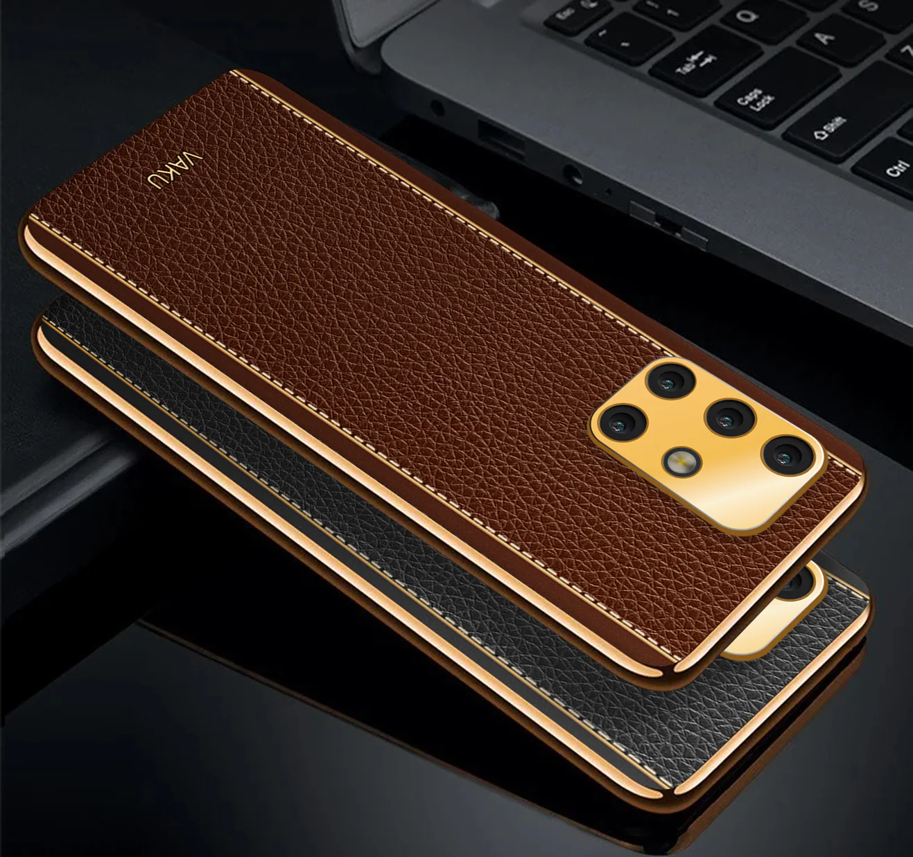 VakuĀ® Samsung Galaxy A51 Luxemberg Series Leather Stitched Gold Electroplated Soft TPU Back Cover - Image 3