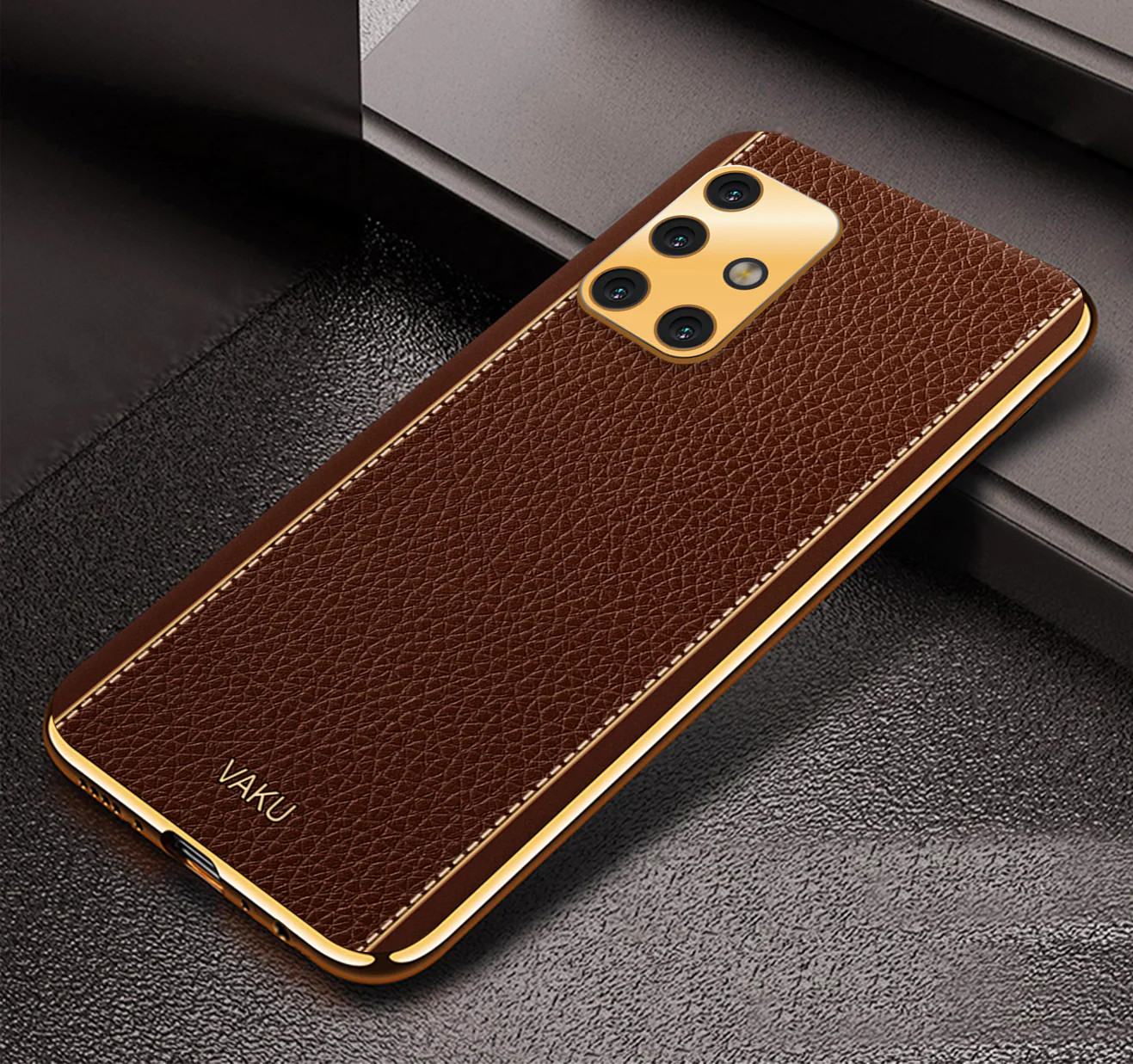 VakuĀ® Samsung Galaxy A51 Luxemberg Series Leather Stitched Gold Electroplated Soft TPU Back Cover - Image 7