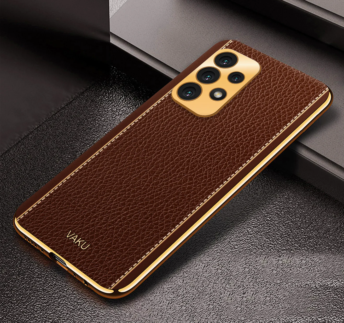 VakuĀ® Samsung Galaxy A52 Luxemberg Series Leather Stitched Gold Electroplated Soft TPU Back Cover - Image 10