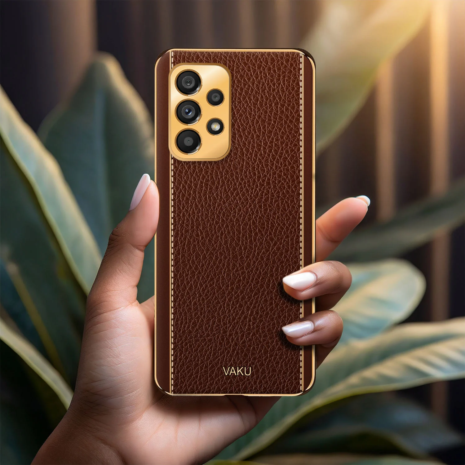 Vaku® Samsung Galaxy A53 5G Luxemberg Series Leather Stitched Gold Electroplated Soft TPU Back Cover - Image 11