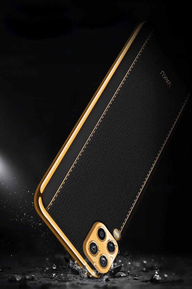 VakuĀ® Samsung Galaxy M12 Luxemberg Series Leather Stitched Gold Electroplated Soft TPU Back Cover - Image 9