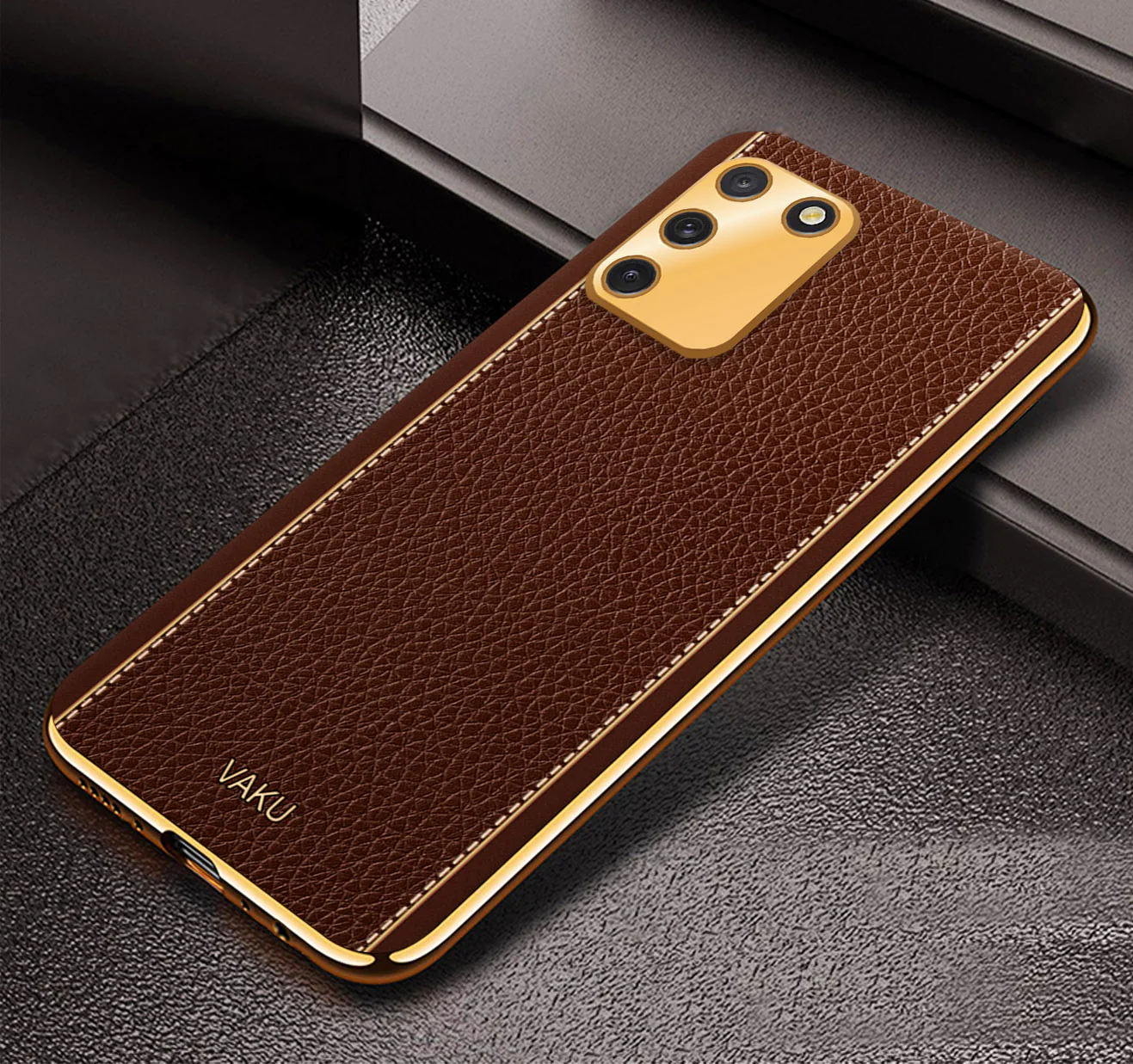 VakuĀ® Samsung Galaxy S10 Lite Luxemberg Series Leather Stitched Gold Electroplated Soft TPU Back Cover - Image 9