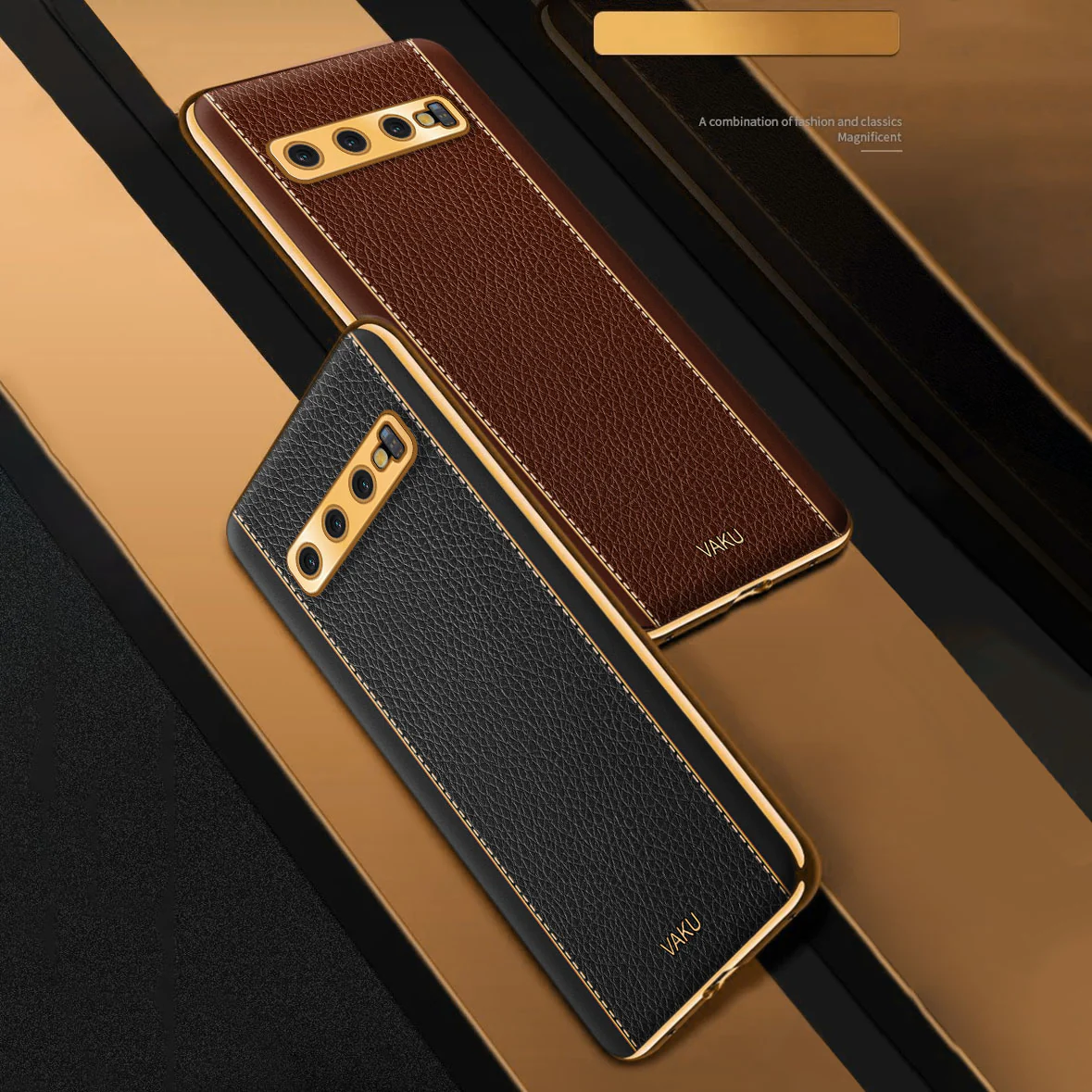 VakuĀ® Samsung Galaxy S10 Luxemberg Series Leather Stitched Gold Electroplated Soft TPU Back Cover - Image 13