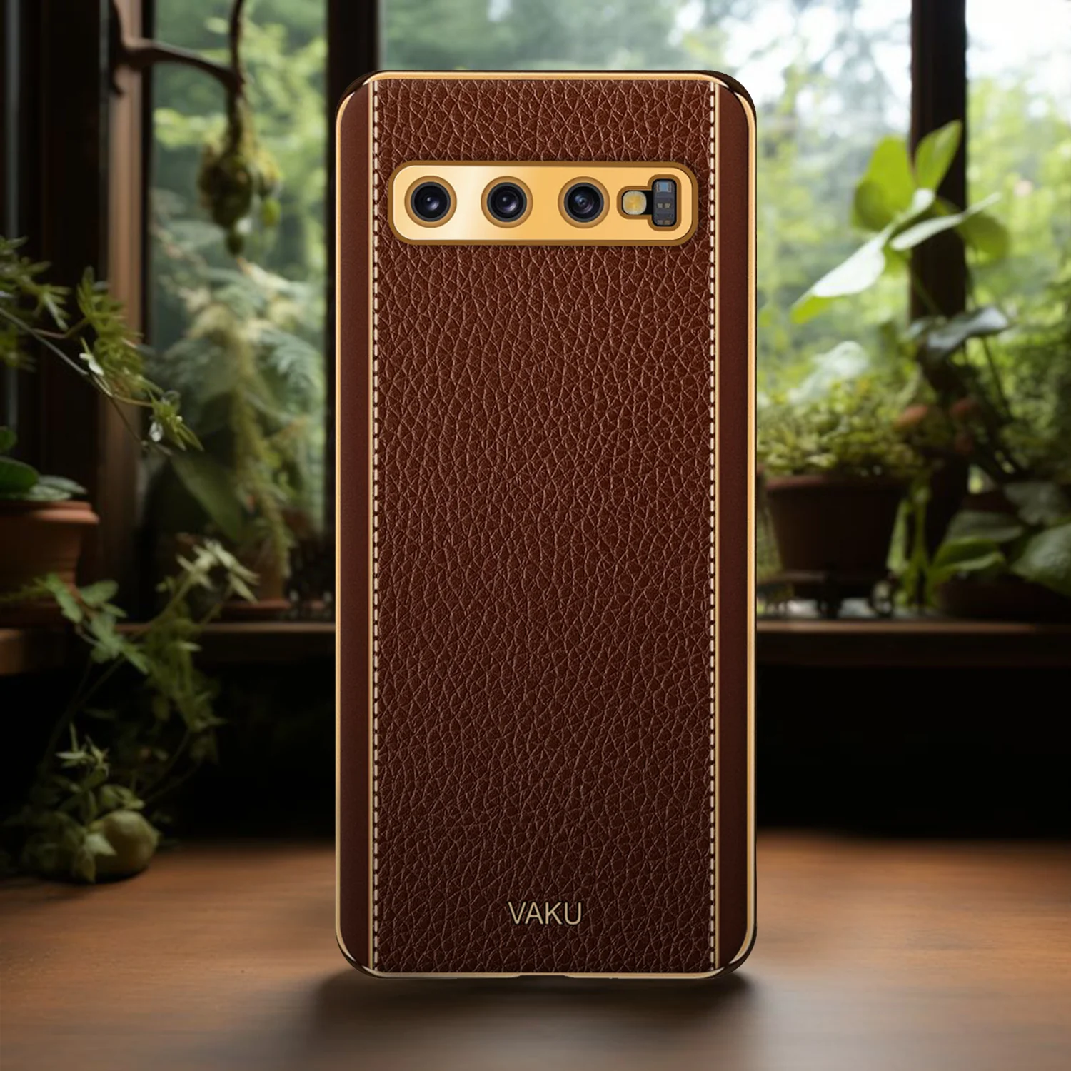 VakuĀ® Samsung Galaxy S10 Luxemberg Series Leather Stitched Gold Electroplated Soft TPU Back Cover - Image 16