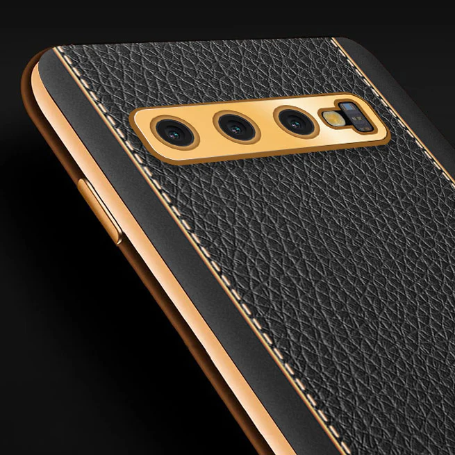 VakuĀ® Samsung Galaxy S10 Luxemberg Series Leather Stitched Gold Electroplated Soft TPU Back Cover - Image 2