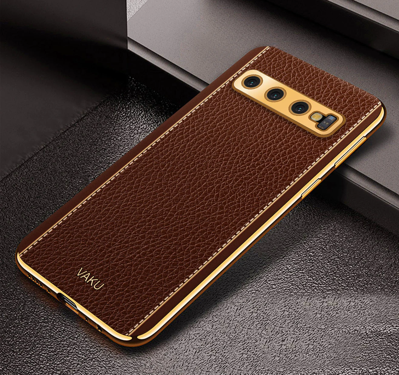 VakuĀ® Samsung Galaxy S10 Luxemberg Series Leather Stitched Gold Electroplated Soft TPU Back Cover - Image 7