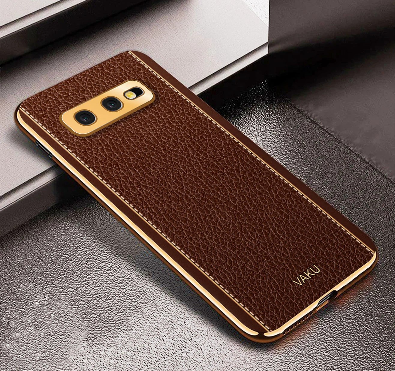 VakuĀ® Samsung Galaxy S10e Luxemberg Leather Stitched Gold Electroplated Soft TPU Back Cover