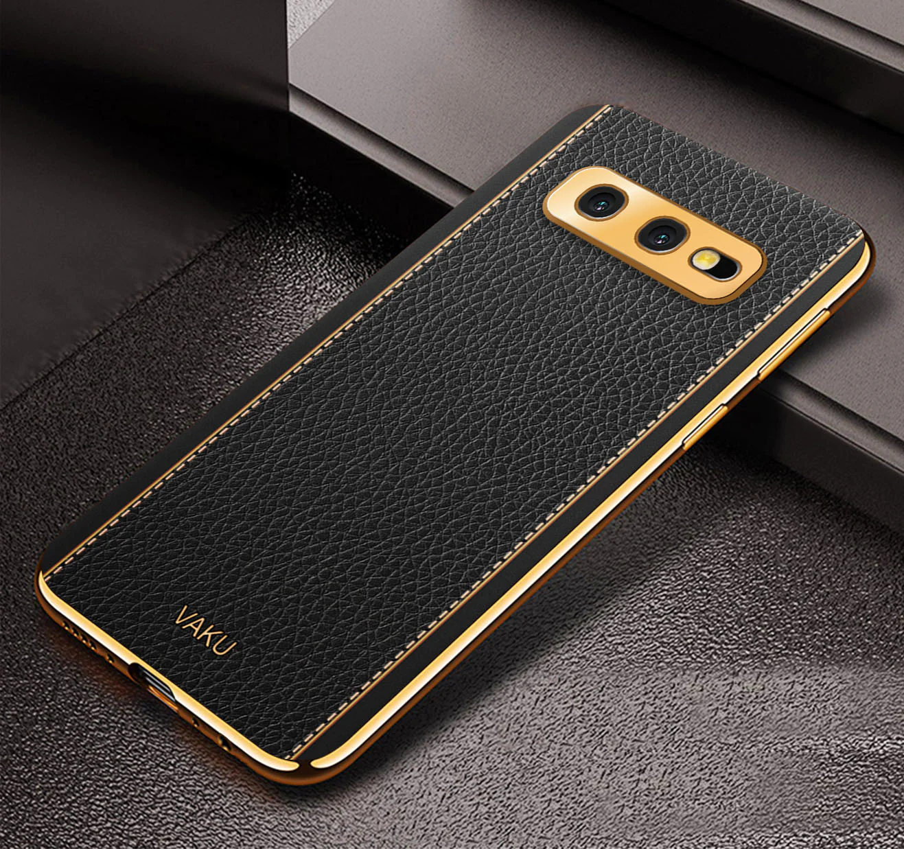 VakuĀ® Samsung Galaxy S10e Luxemberg Leather Stitched Gold Electroplated Soft TPU Back Cover - Image 6