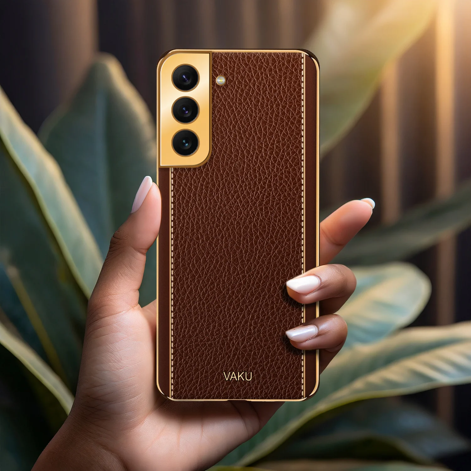 VakuĀ® Samsung Galaxy S21 Plus Luxemberg Series Leather Stitched Gold Electroplated Soft TPU Back Cover - Image 15