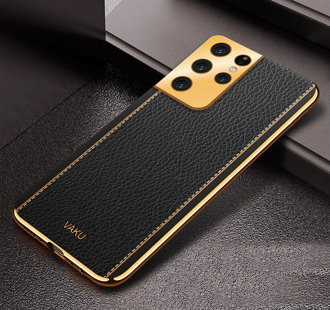 VakuĀ® Samsung Galaxy S21 Ultra Luxemberg Series Leather Stitched Gold Electroplated Soft TPU Back Cover - Image 10