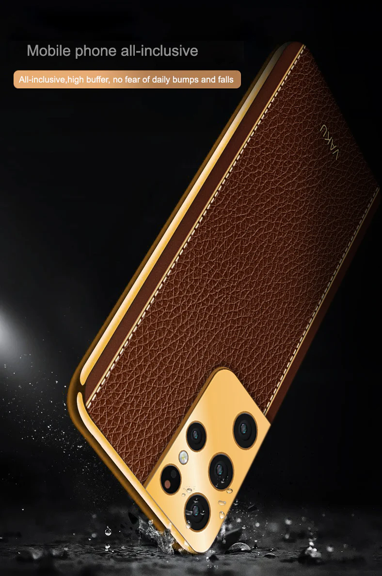 VakuĀ® Samsung Galaxy S21 Ultra Luxemberg Series Leather Stitched Gold Electroplated Soft TPU Back Cover - Image 6