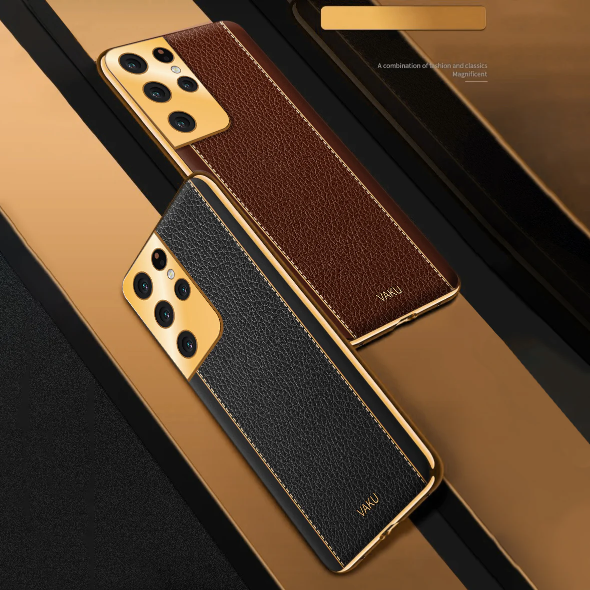 VakuĀ® Samsung Galaxy S21 Ultra Luxemberg Series Leather Stitched Gold Electroplated Soft TPU Back Cover - Image 8