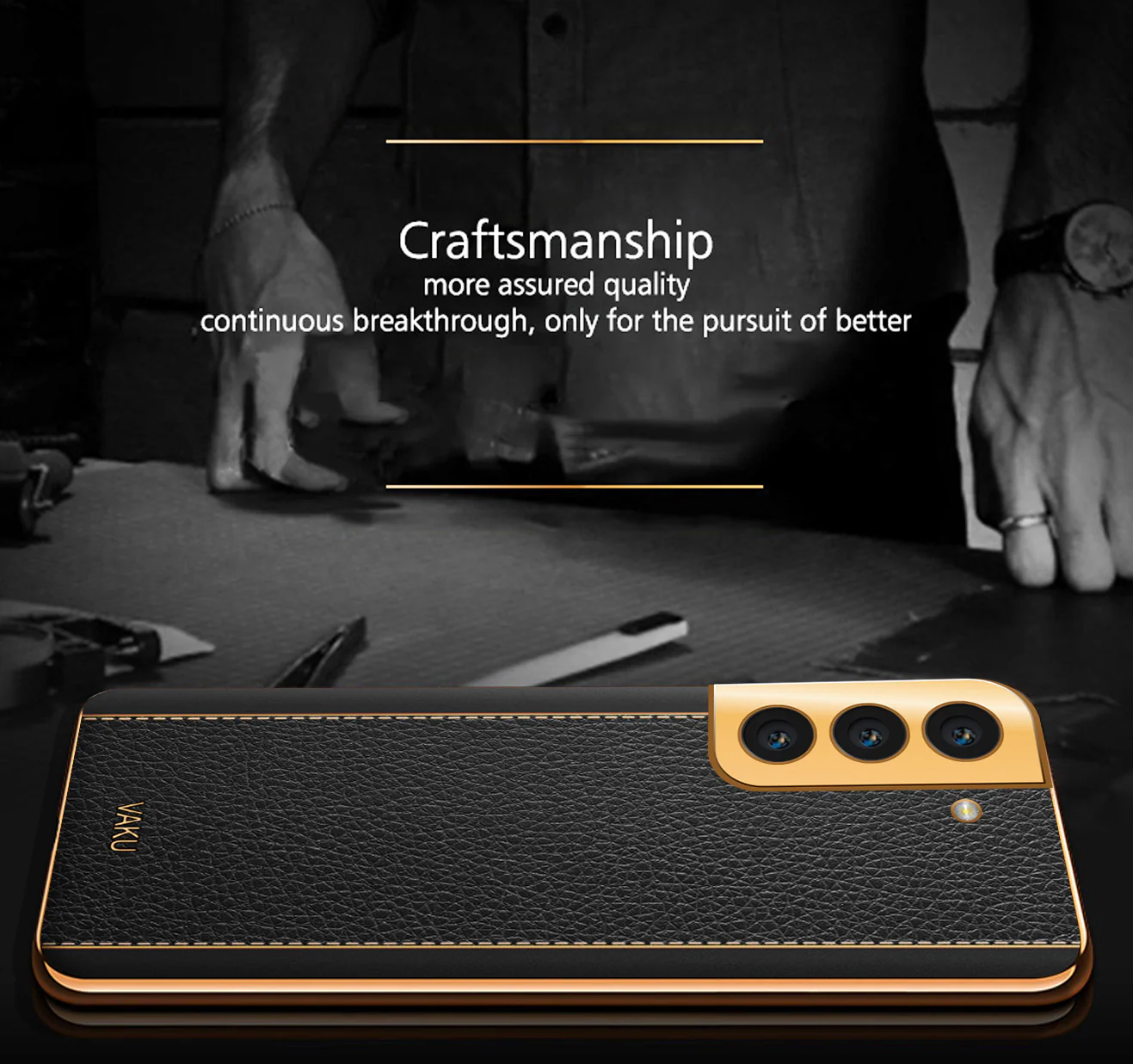 VakuĀ® Samsung Galaxy S22 Plus Luxemberg Series Leather Stitched Gold Electroplated Soft TPU Back Cover - Image 12
