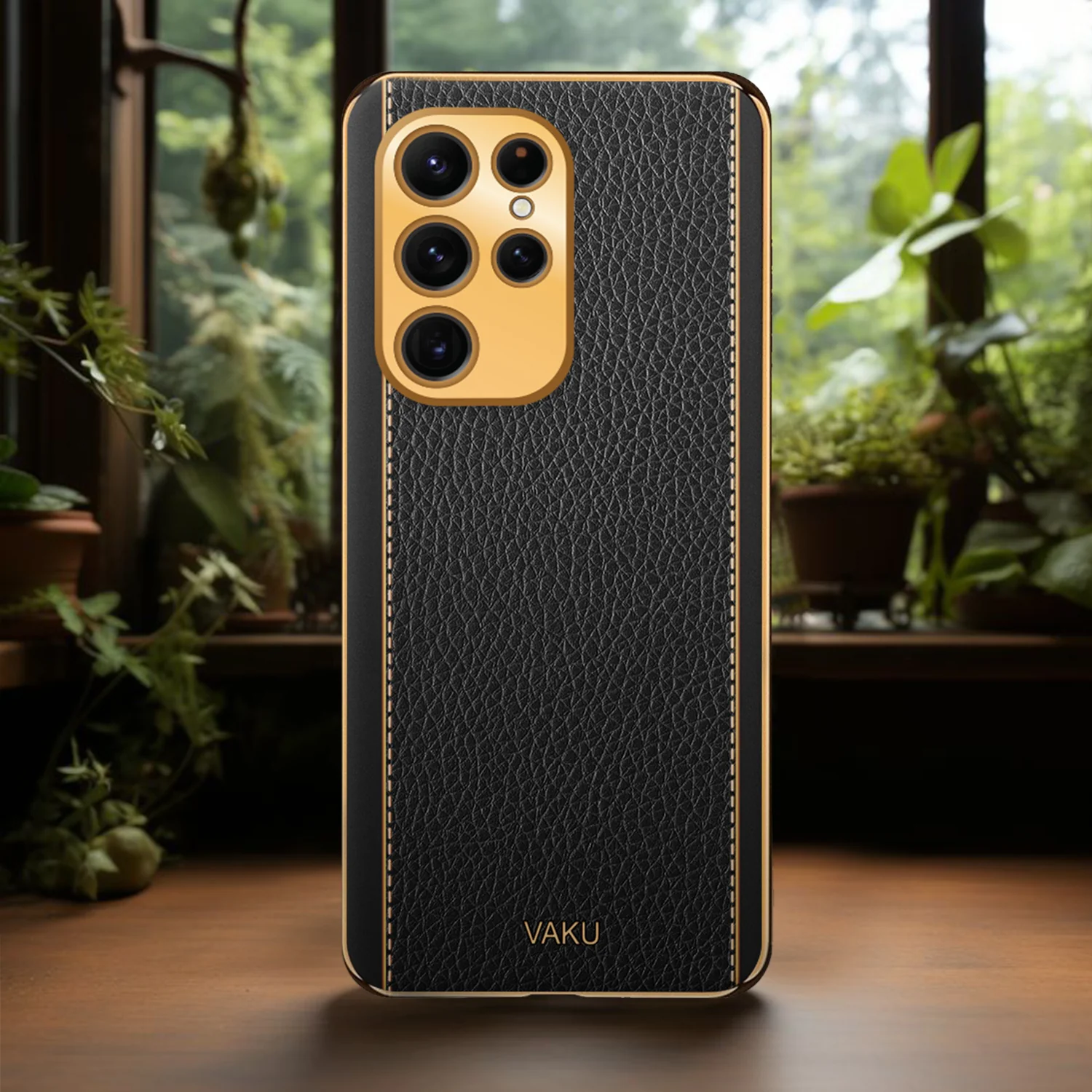 VakuĀ® Samsung Galaxy S22 Ultra Luxemberg Series Leather Stitched Gold Electroplated Soft TPU Back Cover - Image 14