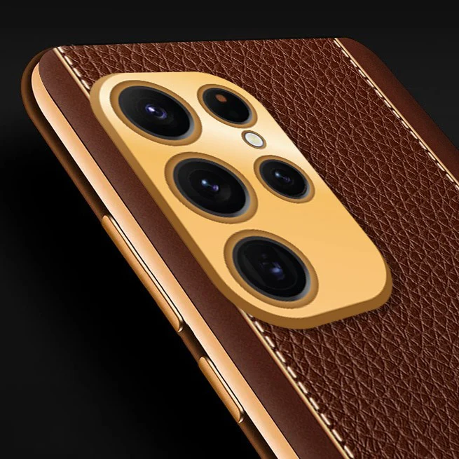 VakuĀ® Samsung Galaxy S22 Ultra Luxemberg Series Leather Stitched Gold Electroplated Soft TPU Back Cover - Image 4