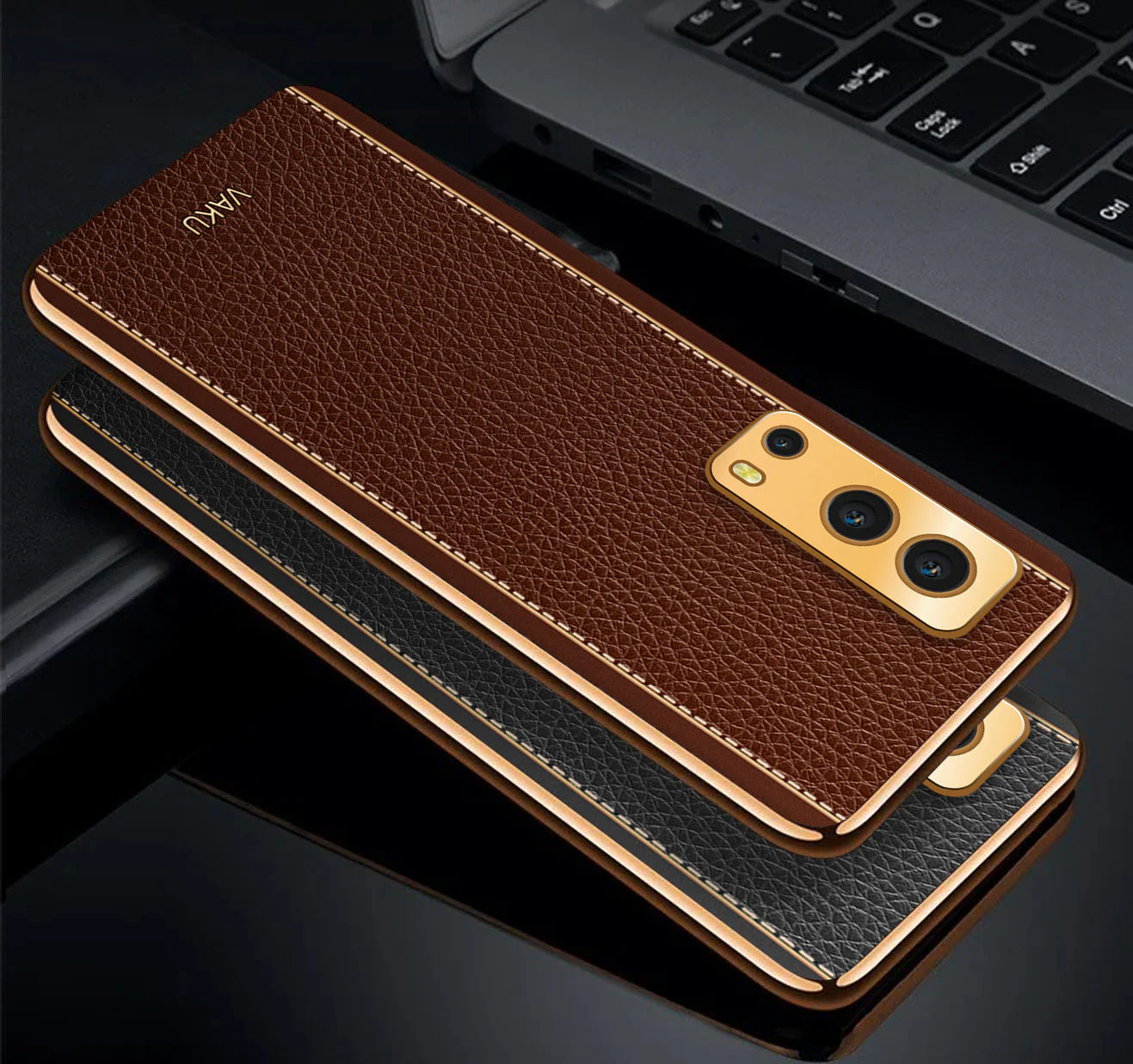 VakuĀ® Vivo iQoo Z3 5G Luxemberg Series Leather Stitched Gold Electroplated Soft TPU Back Cover - Image 3