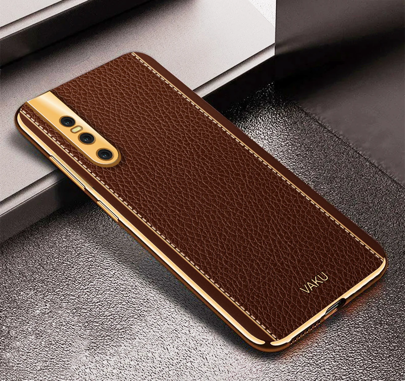 VakuĀ® Vivo V15 Pro Luxemberg Series Leather Stitched Gold Electroplated Soft TPU Back Cover