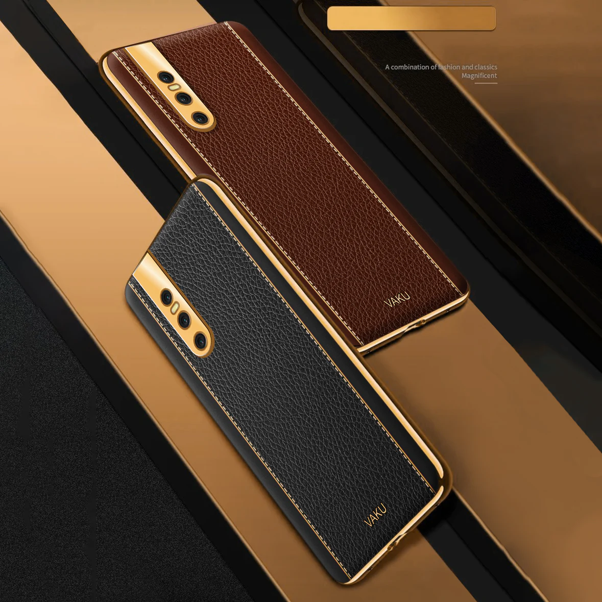 VakuĀ® Vivo V15 Pro Luxemberg Series Leather Stitched Gold Electroplated Soft TPU Back Cover - Image 15