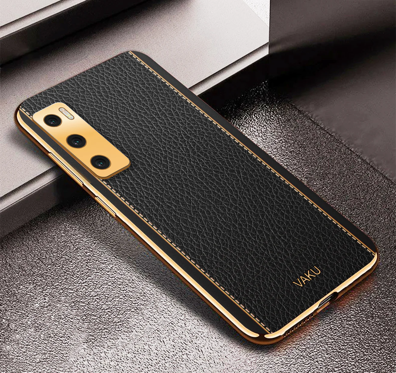 VakuĀ® Vivo V20 SE Luxemberg Series Leather Stitched Gold Electroplated Soft TPU Back Cover - Image 4