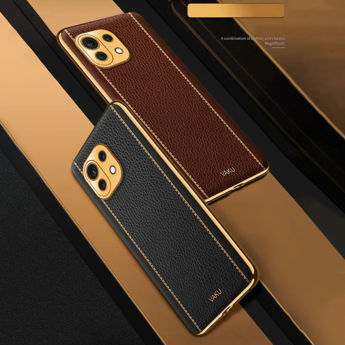 VakuĀ® Xiaomi Mi 11 Lite Luxemberg Series Leather Stitched Gold Electroplated Soft TPU Back Cover - Image 16