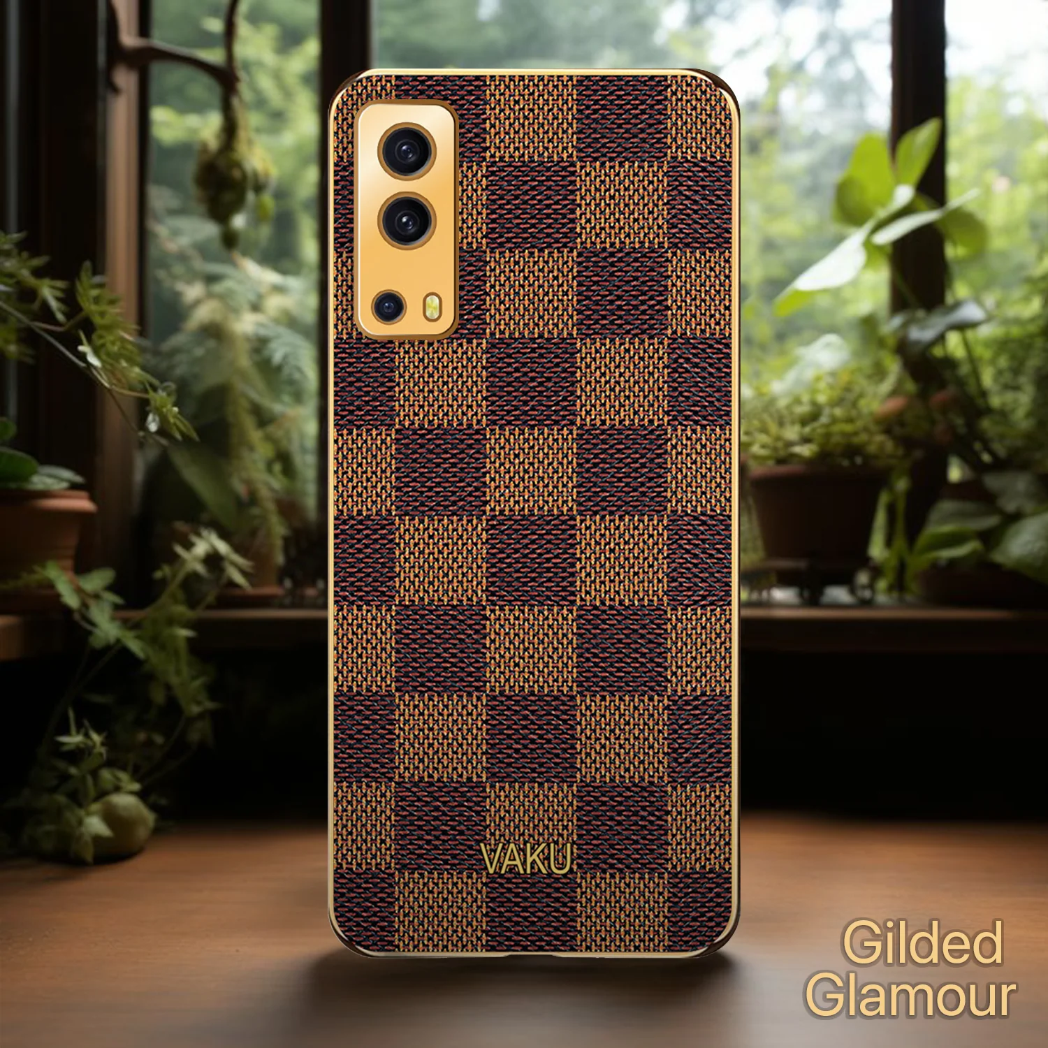 Vivo iQoo Z3 5G Cheron Series Leather Stitched Gold Electroplated Soft TPU Back Cover - Image 4